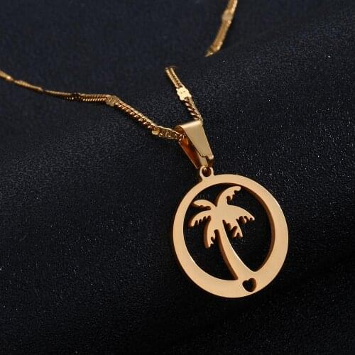 Stainless Steel Round Coconut Palm Tree Pendant Necklace Hawaii Beach Vocation Jewelry Gift