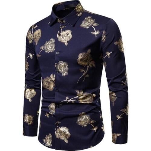 New Mens Golden Rose Luxury Design Dress Shirts Autumn New Slim Fit Button Down Flowered Printed Stylish Party Club Shirt S-2XL