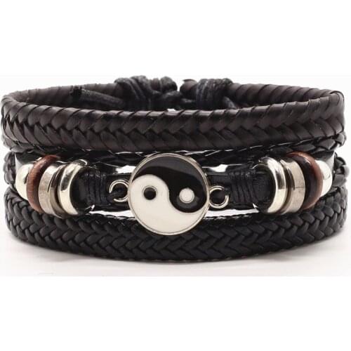New Punk Brown Black Handmade Weave 3 Pcs/set Leather Bracelets Men Women Wood Beads Eye Tai Chi Charm Homme Jewelry
