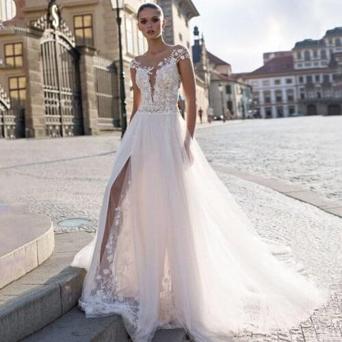 New Design Scoop Cap Sleeve Appliques Lace A-Line Sexy See Through Split Tulle Wedding Dress 2021 Vestido De Noiva Bridal Gown