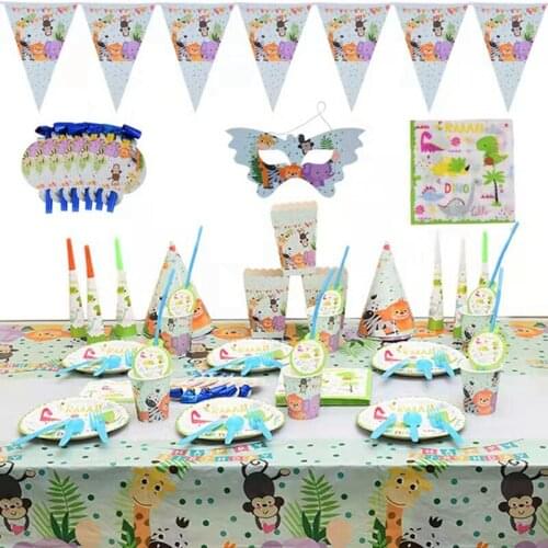 Safari Cartoon Animal Disposable Tableware Paper Cup Plate Tablecloth Kids Birthday Party Decoration Jungle Party Supplies