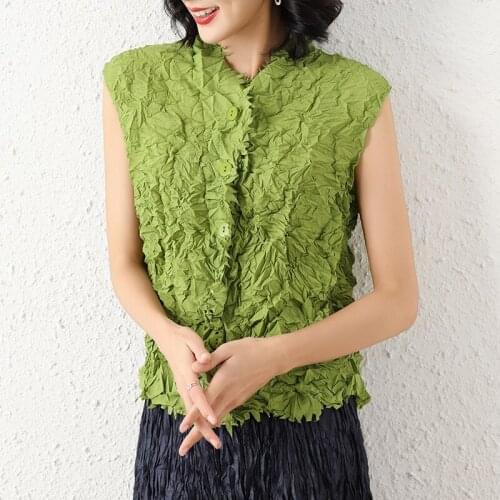 Miyake pleated slim-fit T-shirt 2021 summer new style small Tops light luxury Hong Kong style niche thin basic Tees for woman