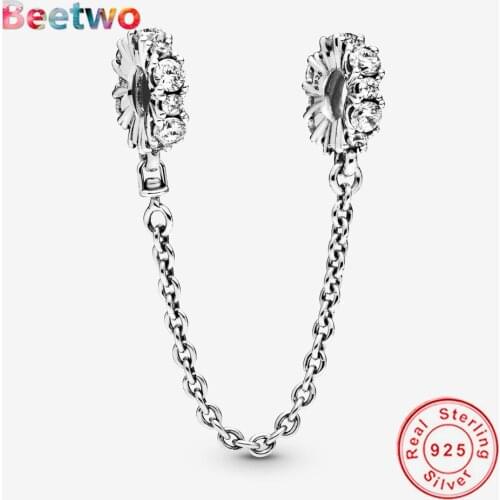Fit Original Pandora Bracelet Clear Sparkle Safety Chain Charm Charms 925 Silver Necklace Pendant Charm Berloque Jewelry
