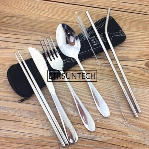 30sets Portable Flatware Set Reusable Stainless Steel Fork, Knife, Spoon, Chopsticks, Juice Straw and Cleaning Brush