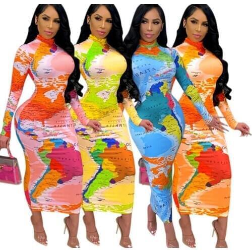 Causal World Map Print High Neck Long Sleeve Bodycon Long Dress Women Sexy Evening Party Club Maxi Dresses Streetwear Vestidos