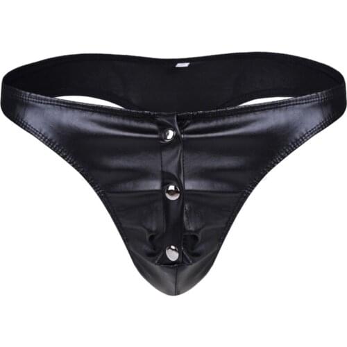 Sexy Men Underwear Faux Leather Underpants Low Rise Bikini Button Briefs Black Clubwear Thong Trunks Pouch Panties Male Clothes