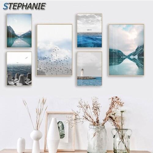 Modern Abstract Seagull Blue Sea Canvas Painting White Cloud Poster Prints Wall Art Pictures for Living Room Nordic Home Decor