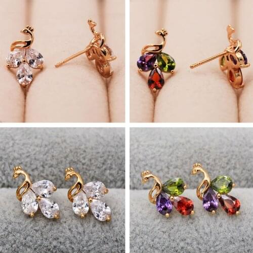 Trendy Gold Animal Peacock Earrings White Red Waterdrop Zirconia Stone For Women Girls Fashion Jewelry Accessories Wedding Gift