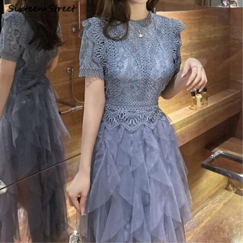 Vintage Gray Blue Mesh Dress Woman O Neck Evening Party Elegant Dresses Vestido Female Short-sleeve High Waist Maxi Clothing