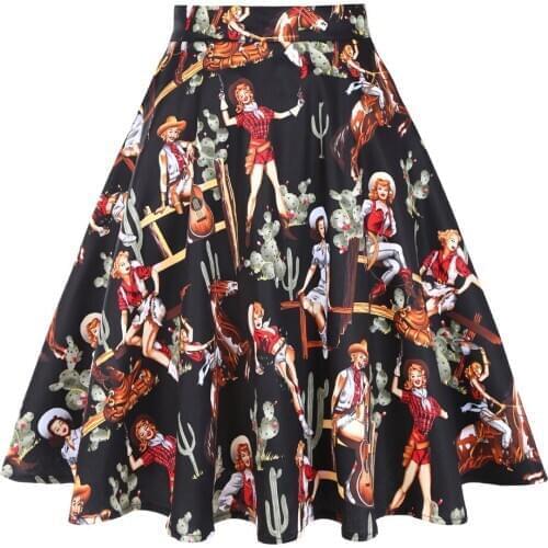 50s 60s Vintage Retro Black Skirt Ladies Western Summer Print Sexy Elegant Womens Skirts Mujer Falads
