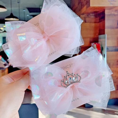 6inch Super Soft Dot Mesh Hair Bows Crystal Rhinestone Crown Girls Hair Clips Adorable Princess Birthday Party Hair Accessories