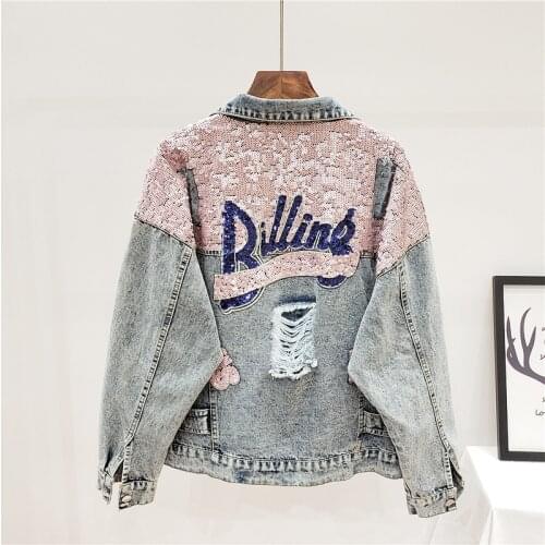 Heavy Work Sequins Letter Holes Denim Jacket Coat Women Student Outerwear Autumn Korean Loose Casual Short Jeans Jackets Female