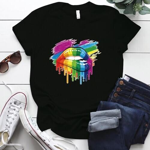 Sexy Colorful Lips Printing Graphic Tee Shirt Femme Harajuku Short Sleeve O Neck Woman Tshirts Casual Plus Size S-5xl Tops