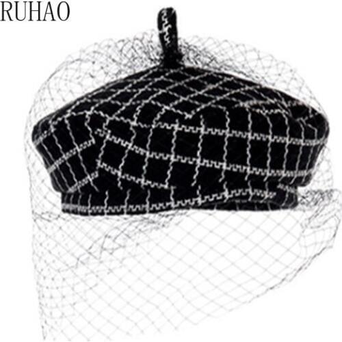 RUHAO women hat Cap fashion casual British Japanese mesh plaid beret black party hat