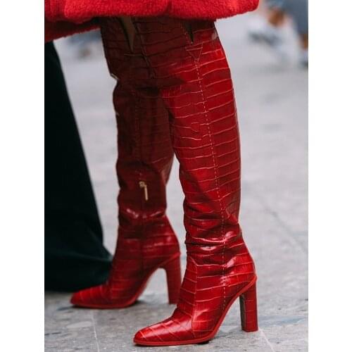 Runway Snakeskin Boots Over The Knee Square High Heeled Side Zipper Leather Women Shoes Square Toe Fashion Show Manufacturer