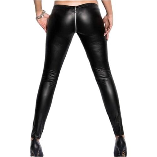 Lady sexy gothic fashion pencil zipper pants night bar club punk rock disco pant black red imitation leather Ripped legging