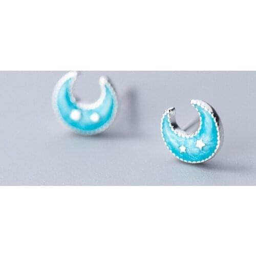 MloveAcc Cute Sweet Blue Enamel Moon Star Earrings Studs for Girls Fashion Women 925 Sterling Silver Jewelry
