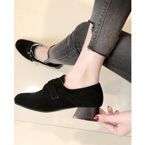 Womens Single shoes flock Buckle Pumps Spring Woman Thick heel Square Toe Heels Female Fashion wild Ladies Dress Shoes U22-12