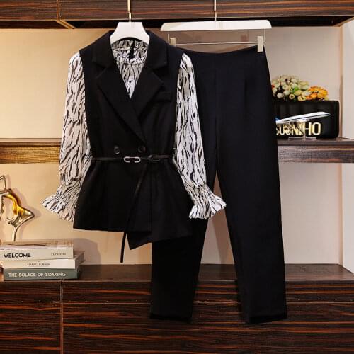 Large Size Womens Three-piece Autumn Wear 2021 New Style Blouse + Suit Vest + Suit Pants Office Fashion Suit Large Size Suit
