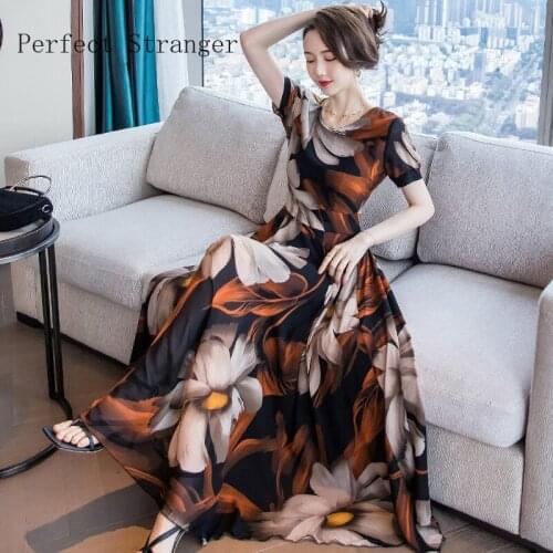 Summer Dress For Women 2021 New Arrival Round Collar Flower Printed Short Sleeve Clothing Women Chiffon Long Dress