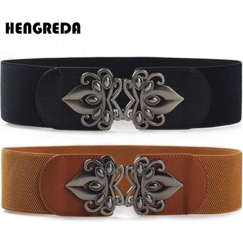 2019 Wide Elastic Belt for Woman Hengreda Dress Accessories Corset Belt for Sweater& Skrit Cinch Belt with Flower Metal Buckle