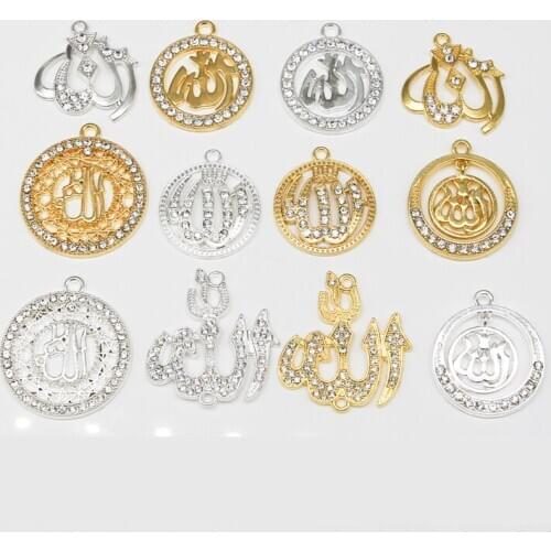 60PCS Gold Religion Muslim Islam Allah Charm Rhinestone Pendant Necklace Bracelet DIY Jewelry Making Handmade Mixture