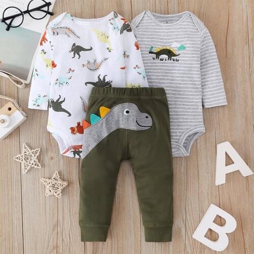6M-24M) Childrens Romper Set Autumn/Winter Long Sleeve Dinosaur Print Romper + Dinosaur Print Pants Set детская одежда 50