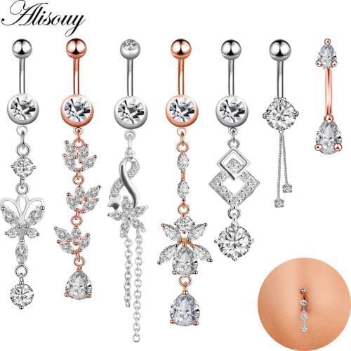 Alisouy 1pc Sexy Dangling Navel Belly Button Rings Belly Piercing Crystal Surgical Steel Woman Body piercing Jewelry Barbell