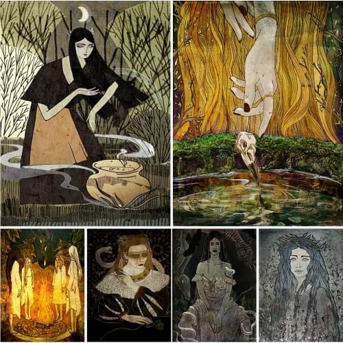 Under The Moon Witch Soup In The Forest Wall Art Decorative Spooky Dark Natural Witchcraft Element Poster And Print Decoration