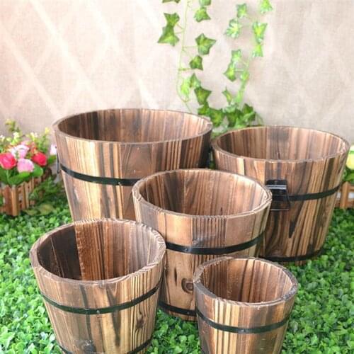 Wooden Round Barrel Planter Flower Pots Home Office Garden Wedding Decor (Flat Mouth/Large/Brown/19x14x15cm)