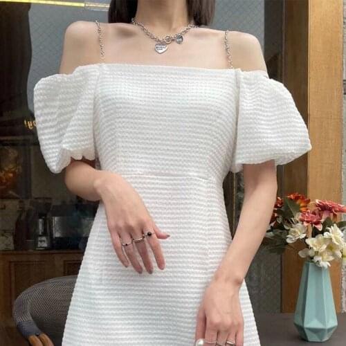 Womens high-end shoulder ladies chic bubble sleeves strapless dress high-end suspenders in summer Hollow Out