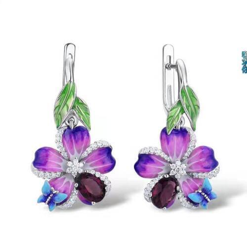 Elegance Bohemia Flower Leaf Symmetrical Earrings Beautiful Purple Enamel Pendant Earrings For Women Wedding Jewelry Gifts