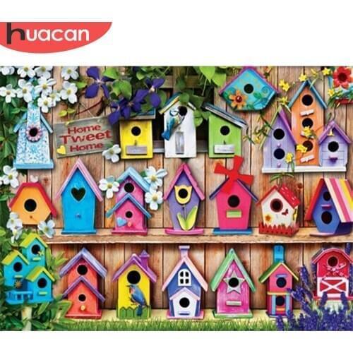 HUACAN 5D Diamond Painting Birds Houses Cross Stitch Handicraft DIY Diamond Embroidery Kit Landscape Mosaic Handmade Gift
