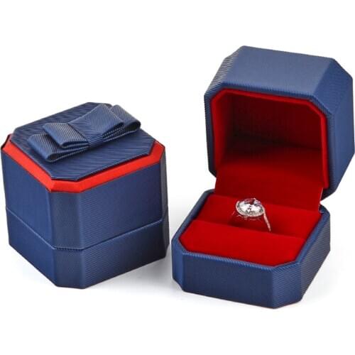 50pcs/lot Elegant PU Leather Ring Box 6x6cm Octagonal Bow Wedding Engagement Ring Jewelry Boxes Storage Gift Boxes Wholesale