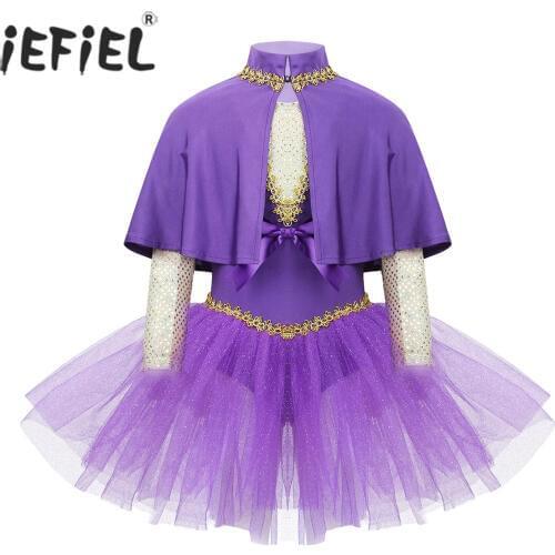Kids Girls Anne Halloween Showman Costume Ballroom Dancewear Splice Bowknot Glitters Greatest Showman Leotard Dress with Cape