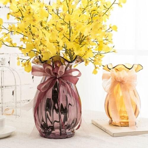 Creative Glass Vase With Ribbon Tabletop Colored Transparent Bottle Hydroponic Container Flower Pot Home Wedding Decoration