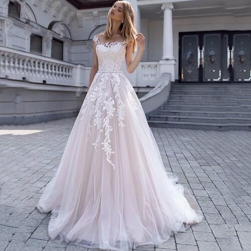 Scoop Appliques Lace Cap Sleeve Beads Sashes Buttons Tulle A-Line Wedding Dress 2021 Bridal Gown Vestido De Novia