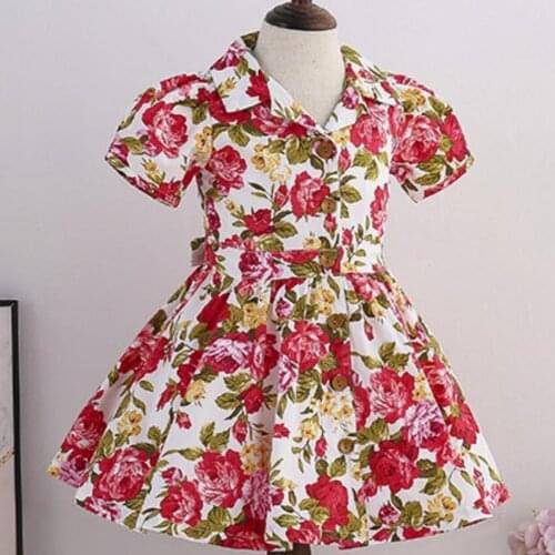 Baby girl summer vintage Spanish floral printed princess dress kids casual puff sleeve lapel cute dress