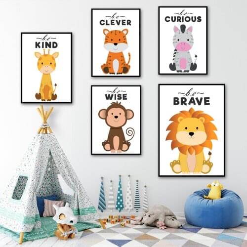 Lion Tiger Panda Monkey Giraffe Wall Art Canvas Painting Nordic Posters And Prints Cartoon Animals Wall Pictures Kids Room Decor