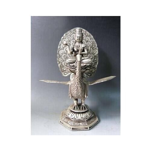 Copper Brass CHINESE crafts decoration Asian 12" China silver carved Buddhism peacock king Mahamayuri buddha Sculpture Statue