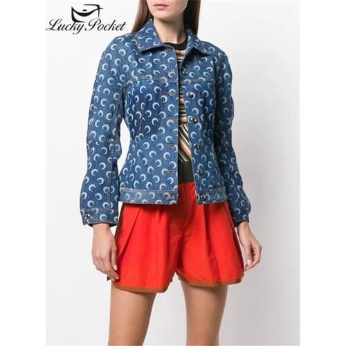 New Women Spring Autumn Blue Slim Moon Print Denim Coat Female Fashion Plus Size Outerwears Ladies Brand Casual Coats ZM260