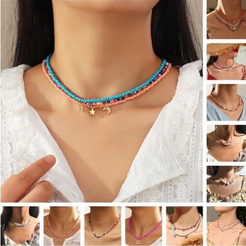 Moon And Star Seed Bead 3 Strand Necklace Choker Women Jewelry Colorful Beads Necklace New Fashion Jewelry Gift