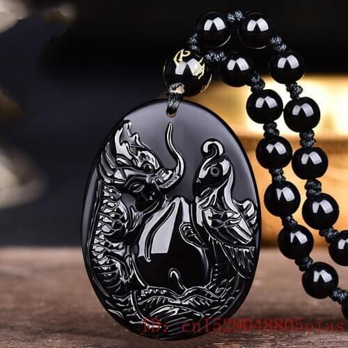 Natural Black Obsidian Bead Necklace Hand-Carved Auspicious Dragon Phoenix Jade Pendant Charm Jewelry for Man Women Amulet Gifts