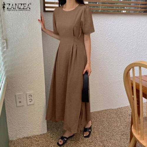 2021 ZANZEA Elegant Women Work Solid Midi Dress Summer Sundress Robe Femme Oversize Female O Neck Short Sleeve Split Vestidos