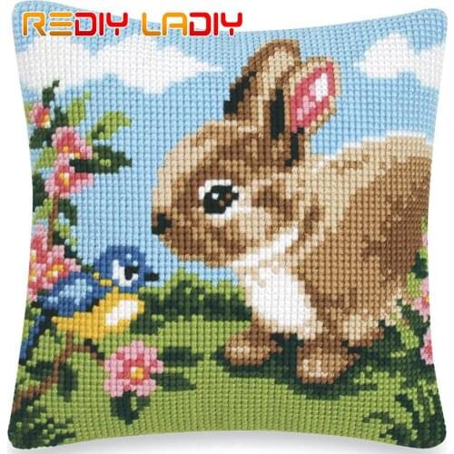 DIY Cross Stitch Cushion Hare with Tit Needlepoint Kits Pre-Printed Canvas Thick Yarn Cross-stitch Pillow Case Arts and Crafts