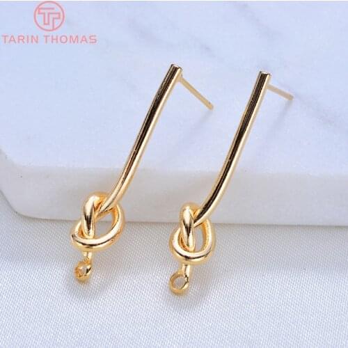 116)4PCS 27MM 35MM 24K Gold Color Plated Brass Long Line with Knot Stud Earrings High Quality DIY Jewelry Making Findings