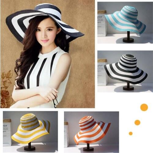 2021 Womens Casual Straw Hats Girls Outdoor Striped Patchwork Paper Sun Hats New Summer Adult Flap Large Brim Beach Cap Gorras