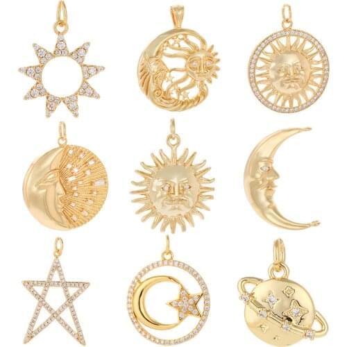 Sun Moon Pendants Charms for Jewelry Making Vintage Gold Copper Zircon CZ Crystal Diy Necklace Charm Accessories Fashion Jewelry