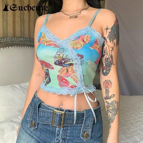 SUCHCUTE Butterfly Printed Women Tank Top Vintage Lace Slim Y2K Cropped Tops Sexy V Neck Sleeveless Female Camisole Streetwear