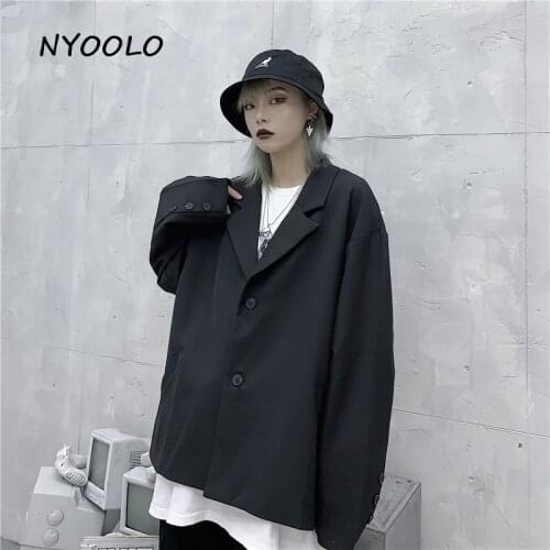 NYOOLO Harajuku Vintage Single breasted solid color black Blazers Autumn streetwear loose long sleeve coat women men outerwear